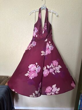 DB Studio Plunge Halter Floral Fit-and-Flare Dress in Plum 6